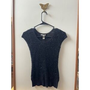 Gadzooks Sequin Crochet Sweater Women Medium Black Excellent Y2K Cap Sleeve Top